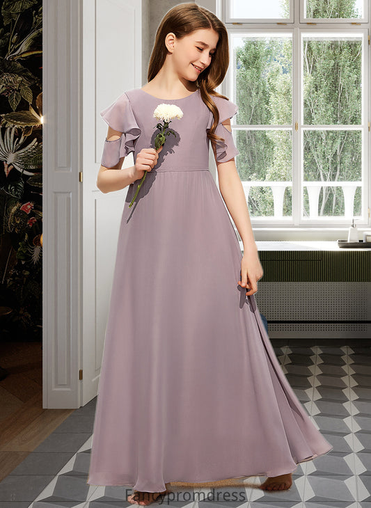 Halle A-Line Scoop Neck Floor-Length Chiffon Junior Bridesmaid Dress With Cascading Ruffles DRP0013649