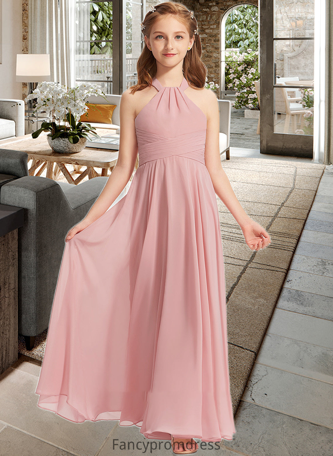 Setlla A-Line Square Neckline Floor-Length Chiffon Junior Bridesmaid Dress With Ruffle DRP0013651