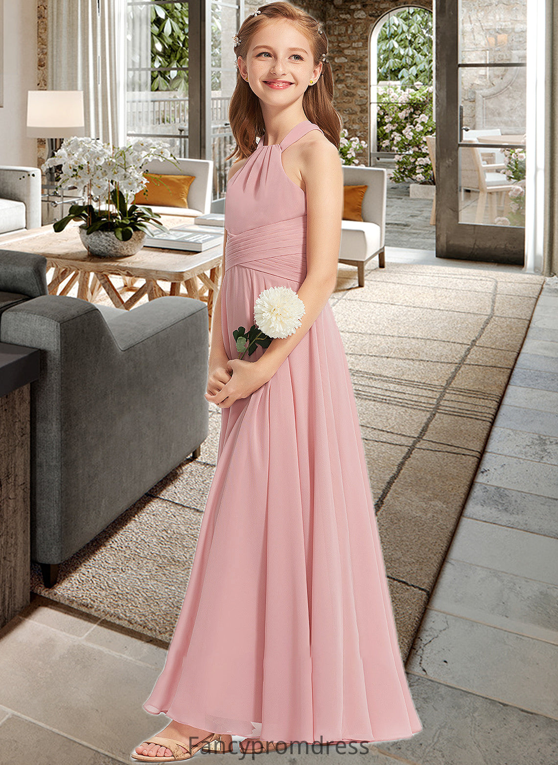 Setlla A-Line Square Neckline Floor-Length Chiffon Junior Bridesmaid Dress With Ruffle DRP0013651