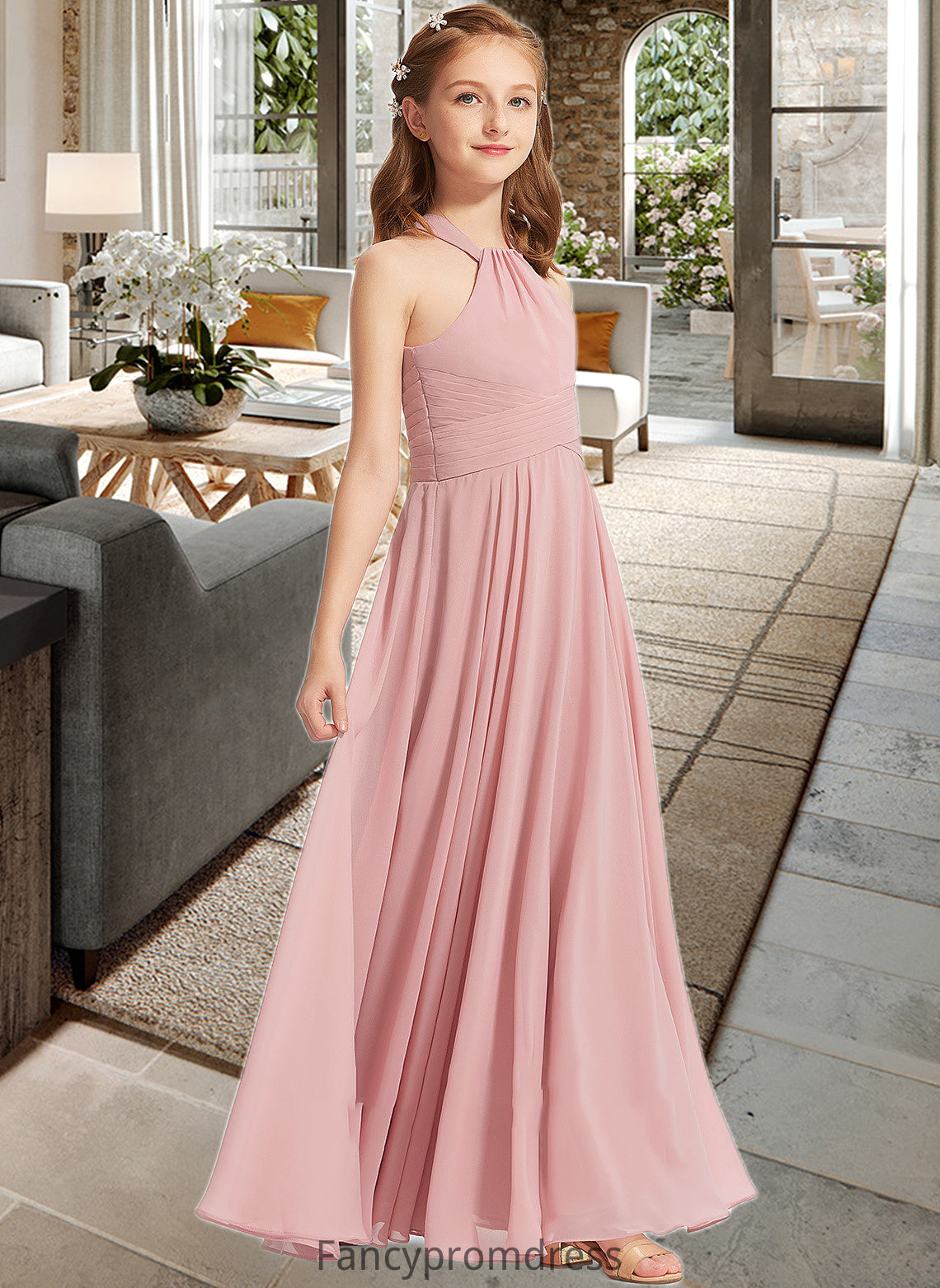 Setlla A-Line Square Neckline Floor-Length Chiffon Junior Bridesmaid Dress With Ruffle DRP0013651