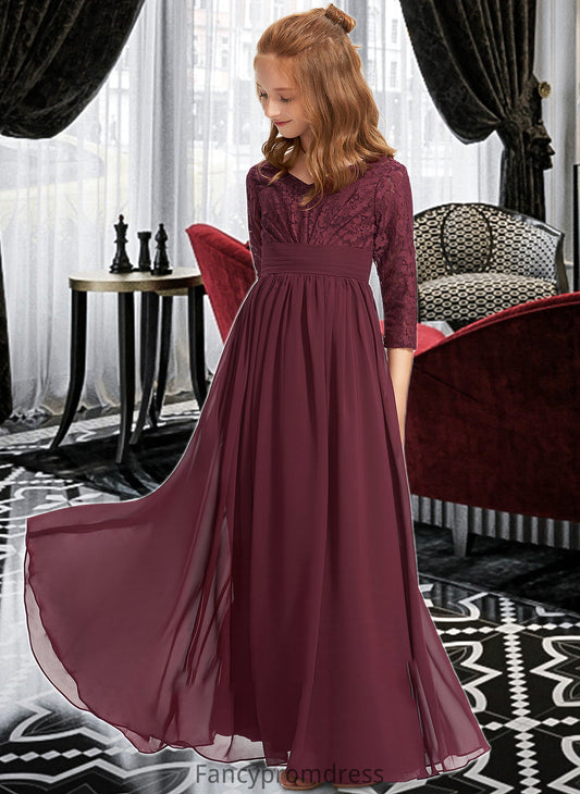 Samantha A-Line V-neck Floor-Length Chiffon Lace Junior Bridesmaid Dress DRP0013652