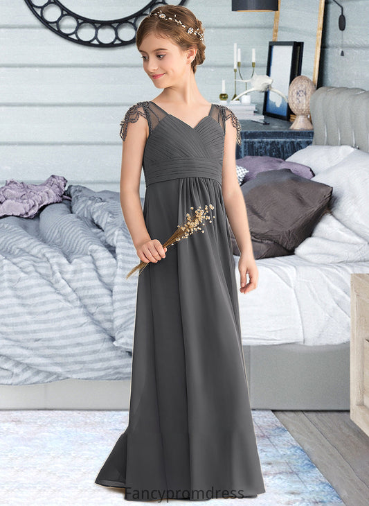 Henrietta A-Line V-neck Floor-Length Chiffon Junior Bridesmaid Dress With Ruffle Beading DRP0013653