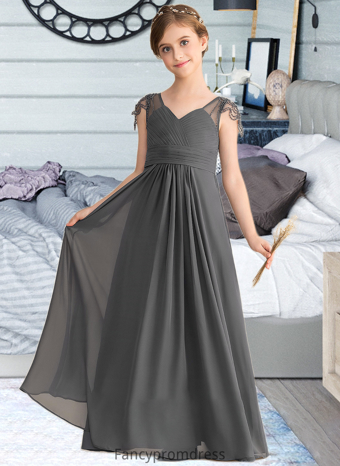 Henrietta A-Line V-neck Floor-Length Chiffon Junior Bridesmaid Dress With Ruffle Beading DRP0013653