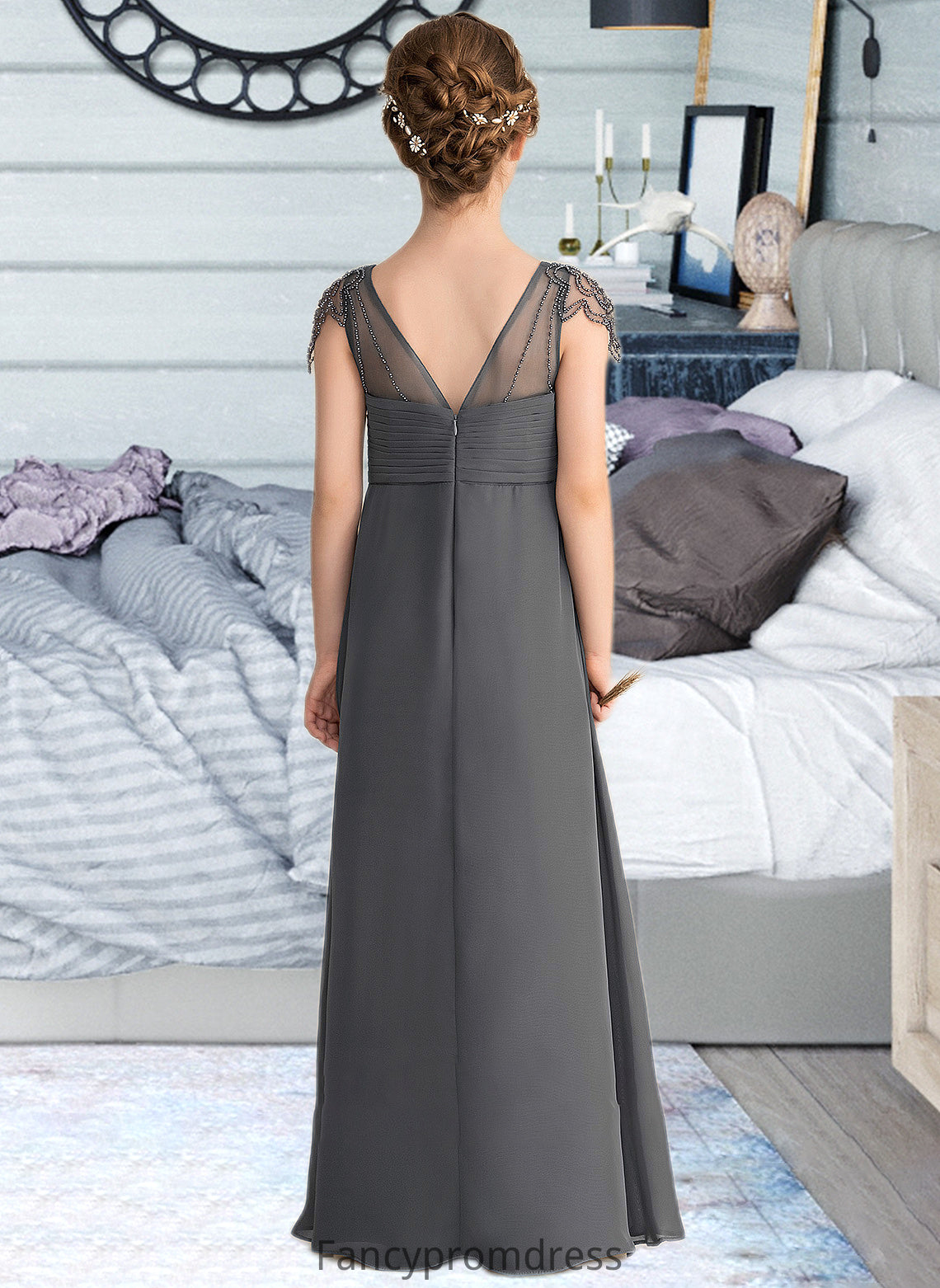 Henrietta A-Line V-neck Floor-Length Chiffon Junior Bridesmaid Dress With Ruffle Beading DRP0013653