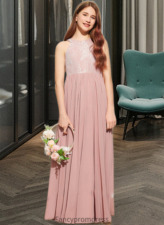 Laila A-Line Scoop Neck Floor-Length Chiffon Lace Junior Bridesmaid Dress With Sequins DRP0013655