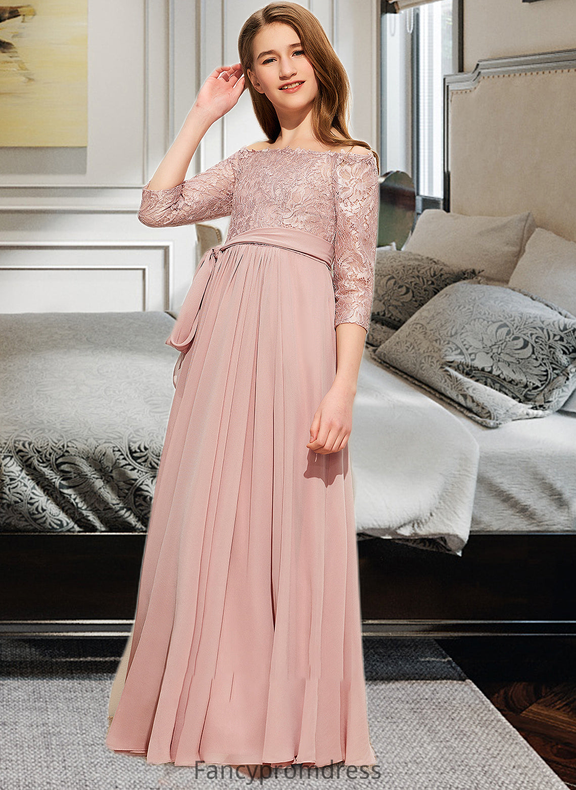 Ginny A-Line Off-the-Shoulder Floor-Length Chiffon Lace Junior Bridesmaid Dress With Bow(s) DRP0013658