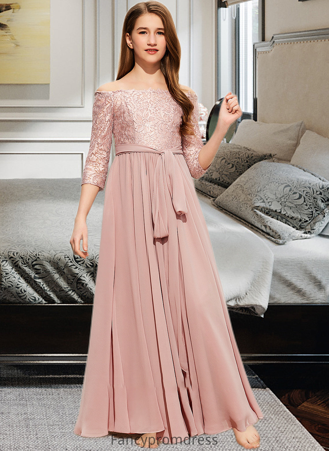 Ginny A-Line Off-the-Shoulder Floor-Length Chiffon Lace Junior Bridesmaid Dress With Bow(s) DRP0013658