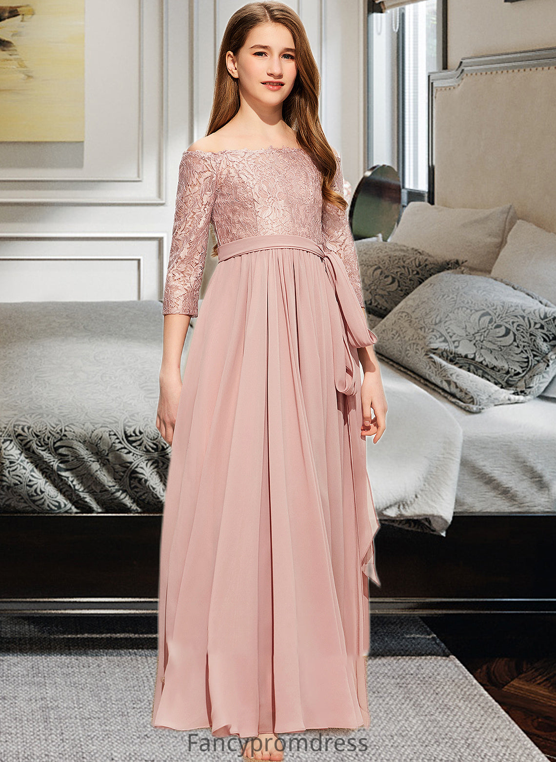 Ginny A-Line Off-the-Shoulder Floor-Length Chiffon Lace Junior Bridesmaid Dress With Bow(s) DRP0013658