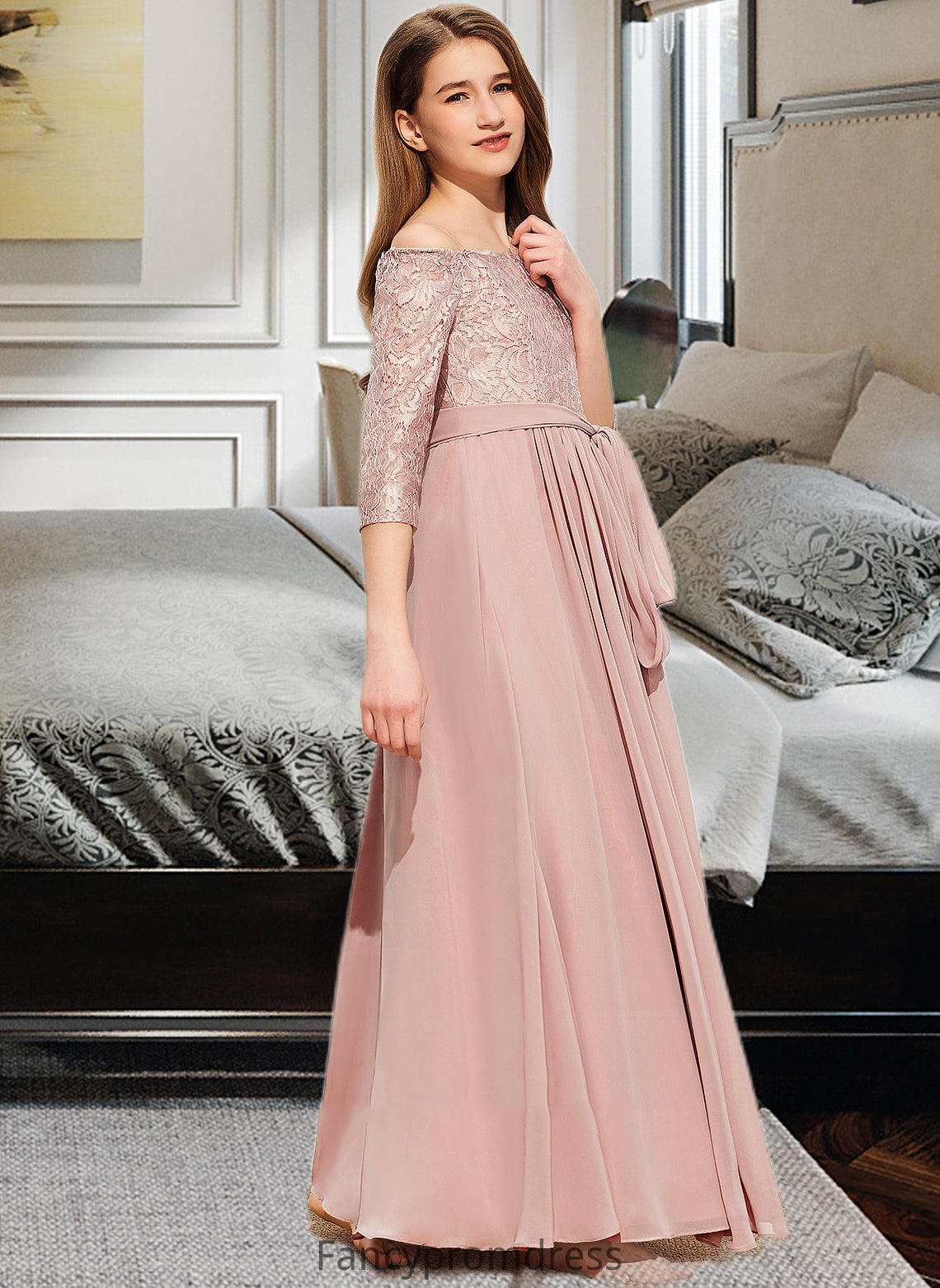 Ginny A-Line Off-the-Shoulder Floor-Length Chiffon Lace Junior Bridesmaid Dress With Bow(s) DRP0013658