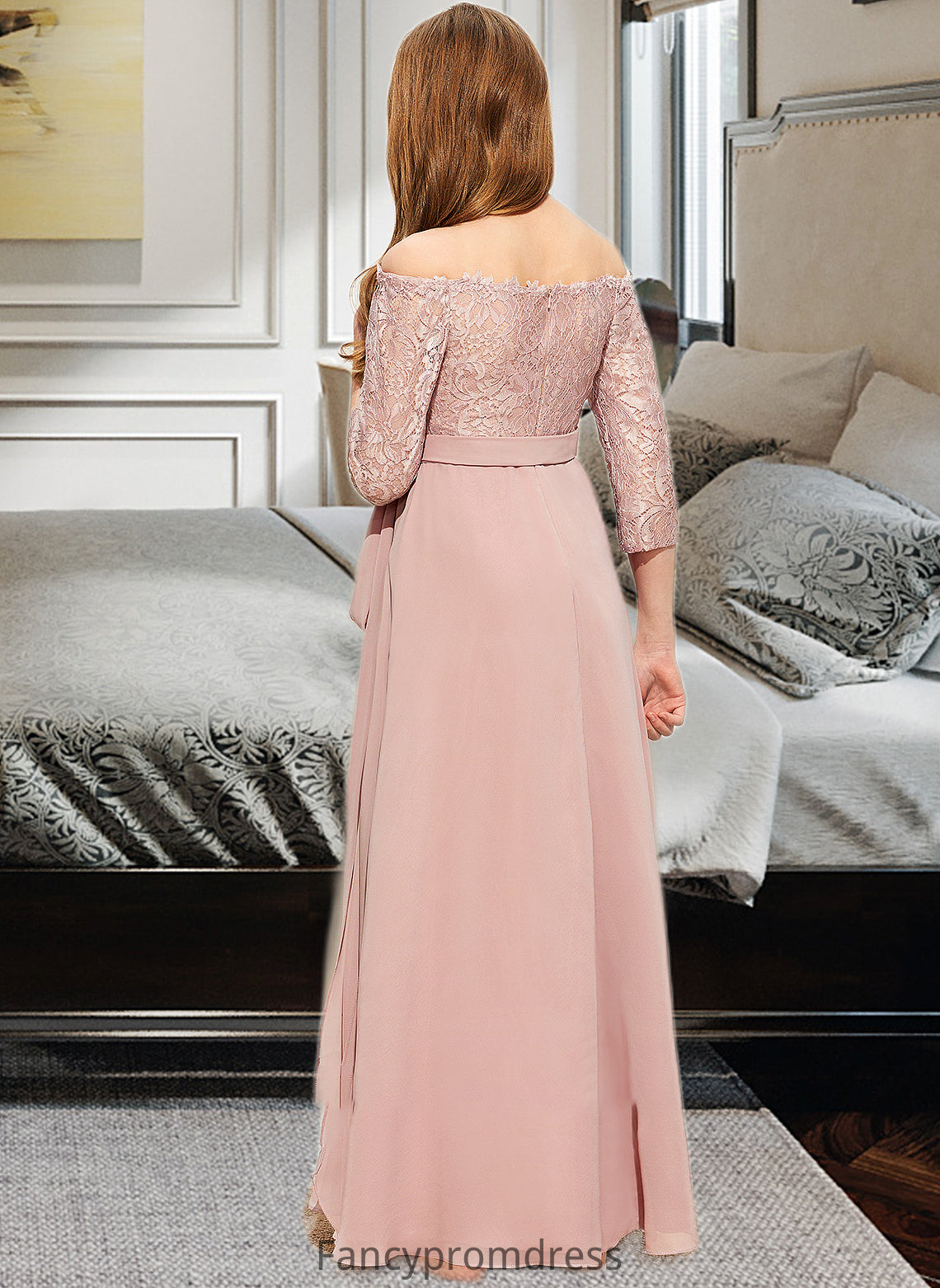 Ginny A-Line Off-the-Shoulder Floor-Length Chiffon Lace Junior Bridesmaid Dress With Bow(s) DRP0013658