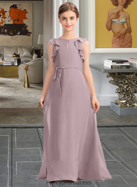 Jaliyah A-Line Scoop Neck Floor-Length Chiffon Junior Bridesmaid Dress With Bow(s) Cascading Ruffles DRP0013659