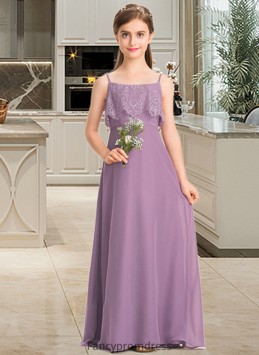 Aryanna A-Line Square Neckline Floor-Length Chiffon Lace Junior Bridesmaid Dress DRP0013660