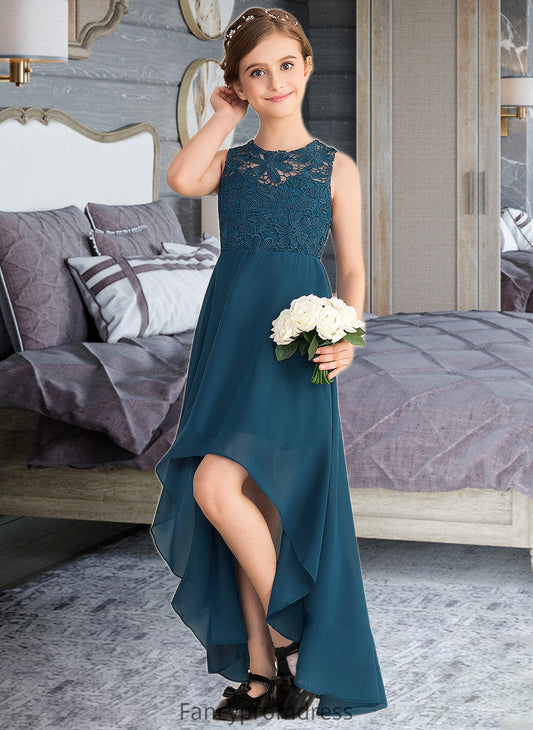 Lilia A-Line Scoop Neck Asymmetrical Chiffon Lace Junior Bridesmaid Dress DRP0013661