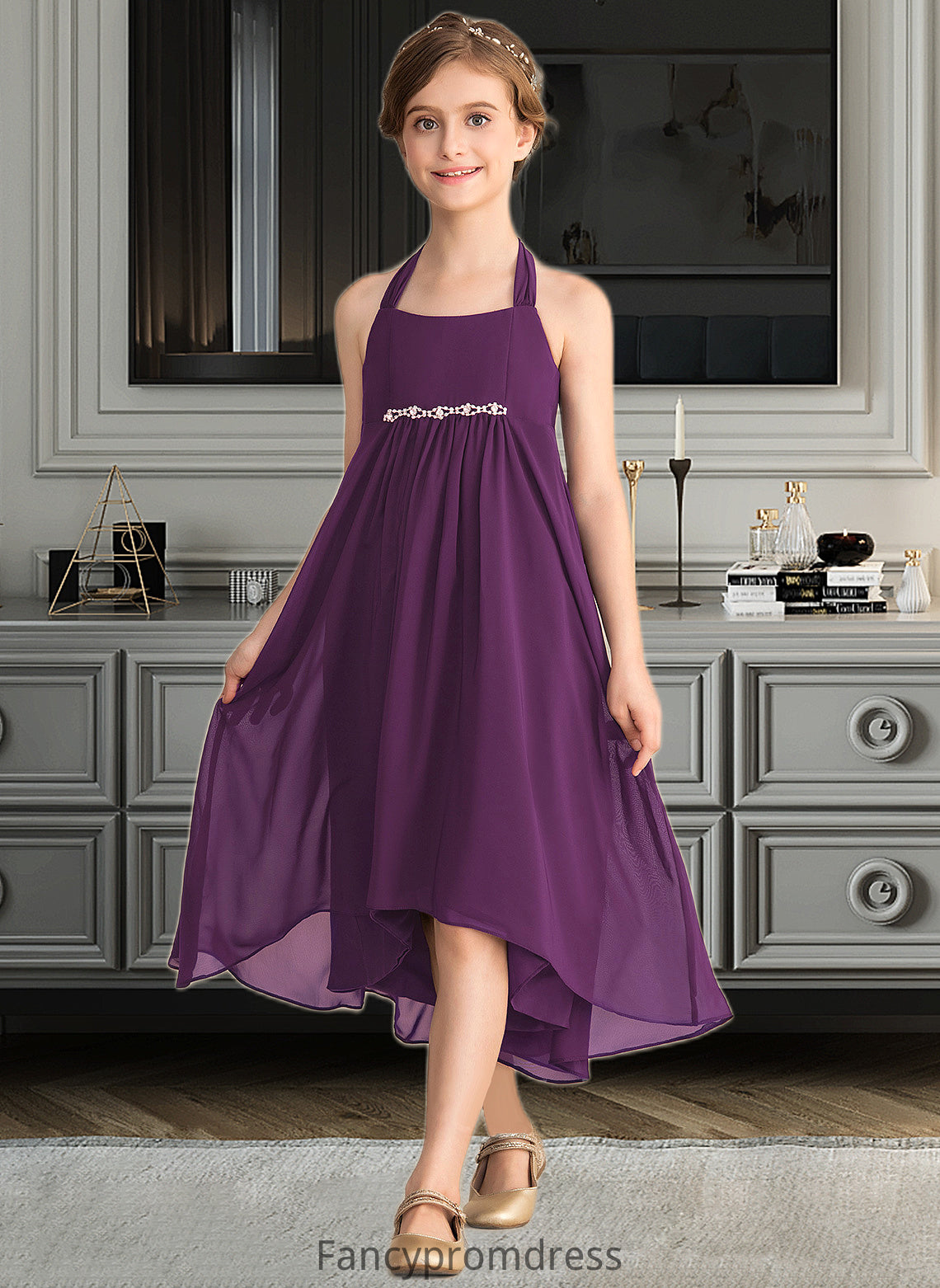 Aliya Empire Halter Asymmetrical Chiffon Junior Bridesmaid Dress With Beading Bow(s) DRP0013663