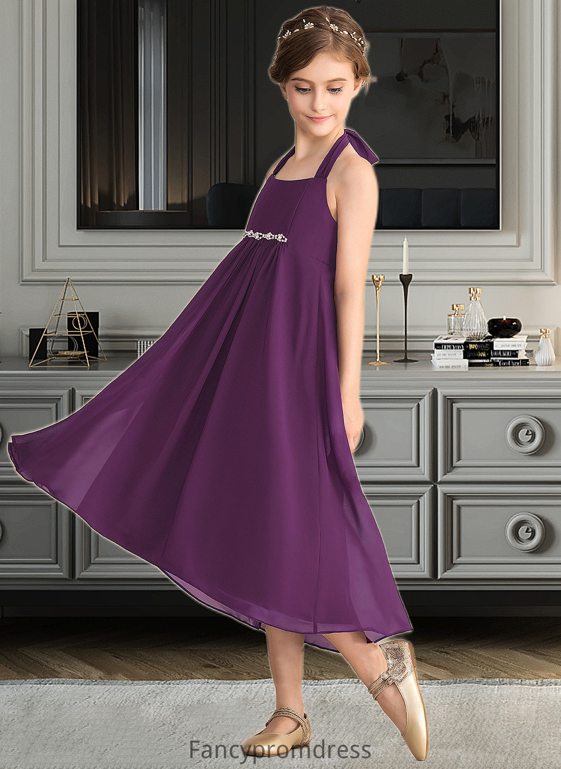 Aliya Empire Halter Asymmetrical Chiffon Junior Bridesmaid Dress With Beading Bow(s) DRP0013663