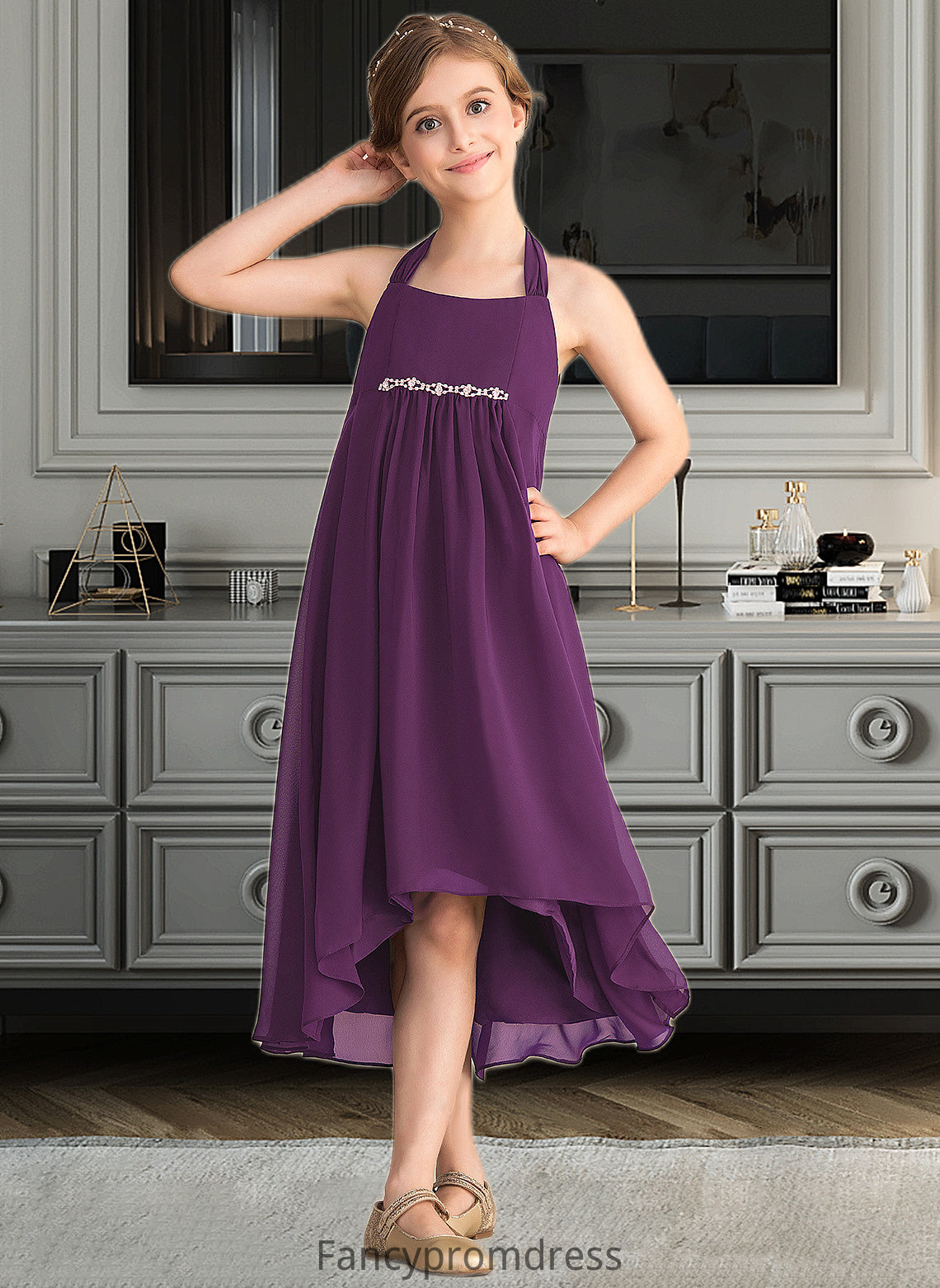 Aliya Empire Halter Asymmetrical Chiffon Junior Bridesmaid Dress With Beading Bow(s) DRP0013663