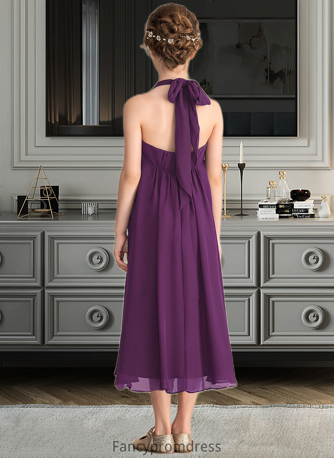 Aliya Empire Halter Asymmetrical Chiffon Junior Bridesmaid Dress With Beading Bow(s) DRP0013663