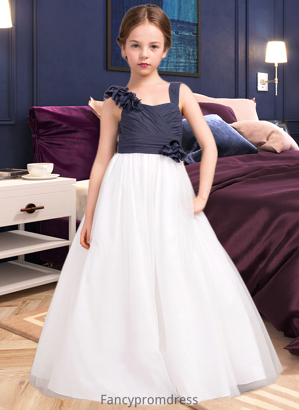 Anne A-Line Sweetheart Floor-Length Chiffon Tulle Junior Bridesmaid Dress With Ruffle Flower(s) DRP0013665