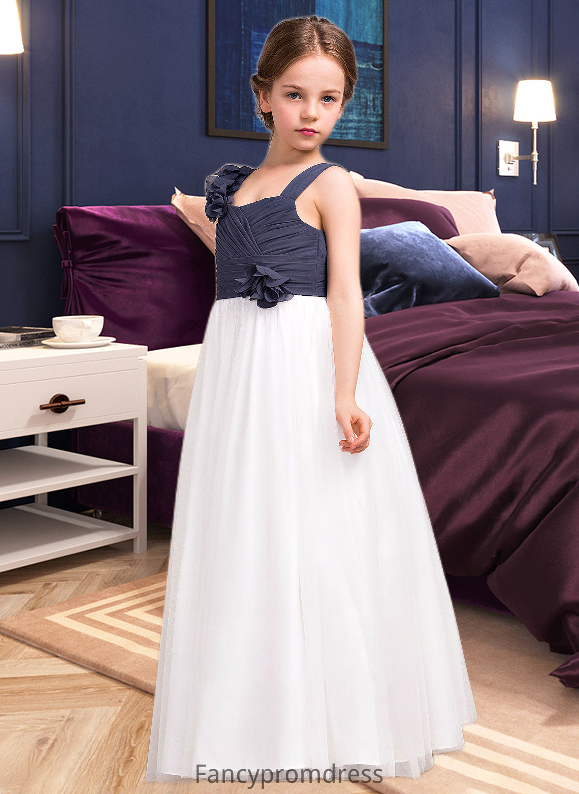 Anne A-Line Sweetheart Floor-Length Chiffon Tulle Junior Bridesmaid Dress With Ruffle Flower(s) DRP0013665