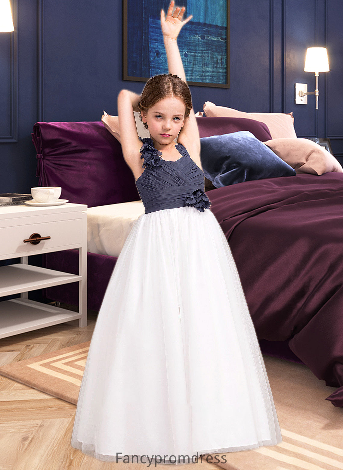 Anne A-Line Sweetheart Floor-Length Chiffon Tulle Junior Bridesmaid Dress With Ruffle Flower(s) DRP0013665