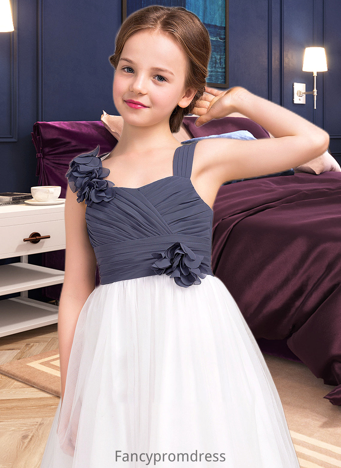 Anne A-Line Sweetheart Floor-Length Chiffon Tulle Junior Bridesmaid Dress With Ruffle Flower(s) DRP0013665