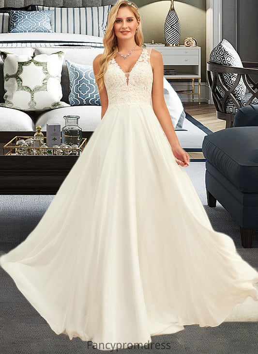 Annabella A-Line V-neck Sweep Train Chiffon Lace Wedding Dress With Lace DRP0013677