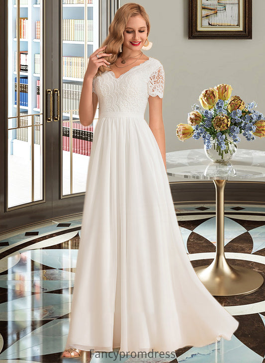 Natalie A-Line V-neck Floor-Length Chiffon Lace Wedding Dress DRP0013678