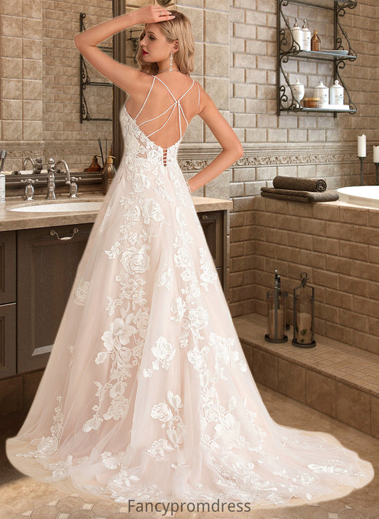 Mariela Ball-Gown/Princess V-neck Court Train Tulle Lace Wedding Dress With Beading Pockets DRP0013679