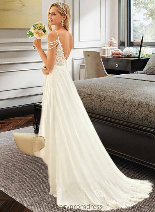 Dominique A-Line V-neck Sweep Train Chiffon Lace Wedding Dress With Beading Sequins DRP0013681