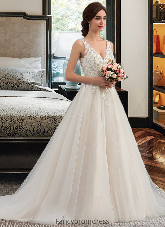 Nicky Ball-Gown/Princess V-neck Court Train Tulle Wedding Dress DRP0013682