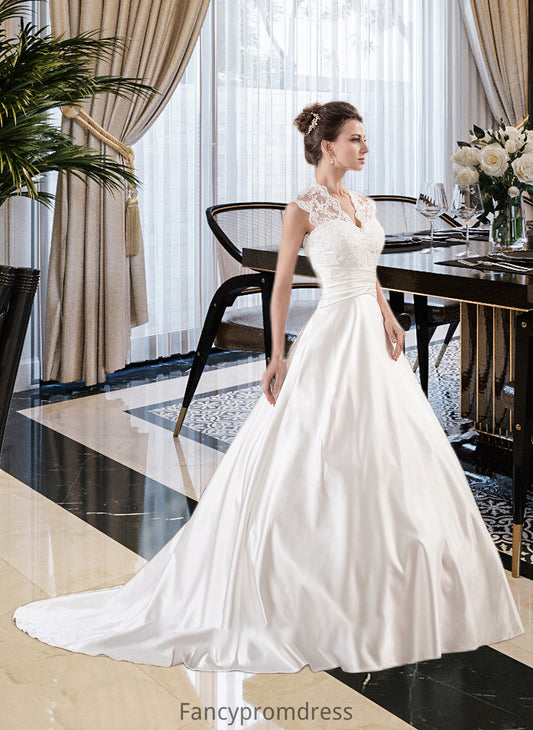 Zaniyah Ball-Gown/Princess V-neck Court Train Satin Lace Wedding Dress With Ruffle DRP0013688