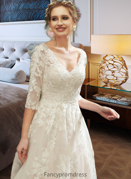 Kaitlin A-Line V-neck Court Train Wedding Dress With Sequins DRP0013690