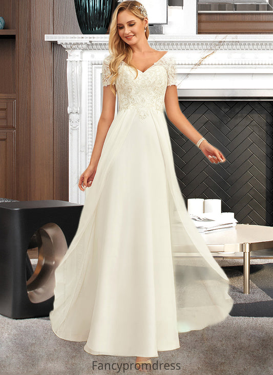 Ally A-Line V-neck Floor-Length Chiffon Lace Wedding Dress With Lace DRP0013691