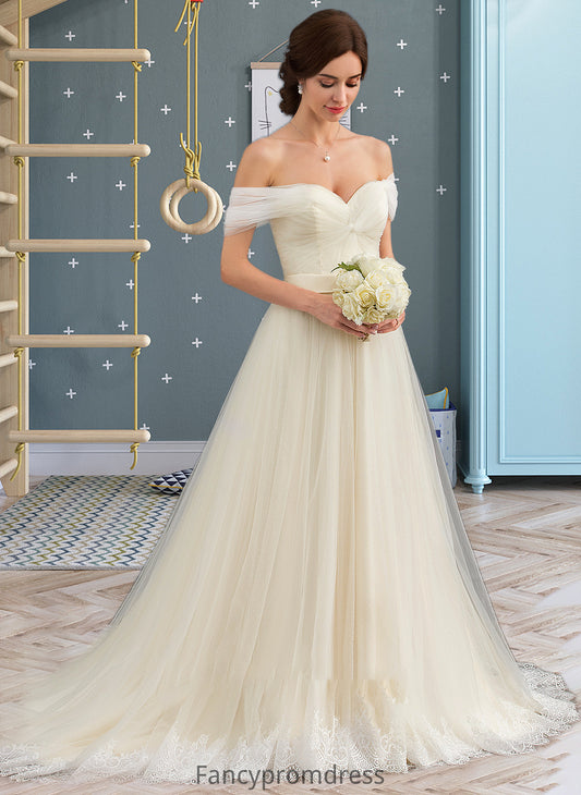 Tara Ball-Gown/Princess Off-the-Shoulder Court Train Tulle Lace Wedding Dress With Ruffle DRP0013692