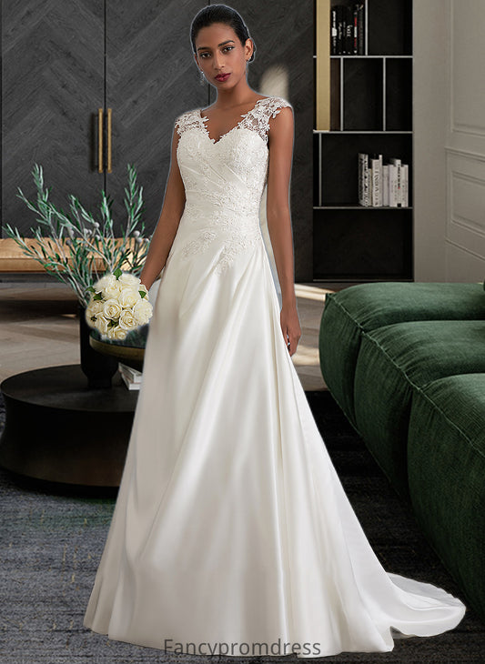 Yadira Ball-Gown/Princess V-neck Sweep Train Satin Wedding Dress With Ruffle Beading Sequins DRP0013693