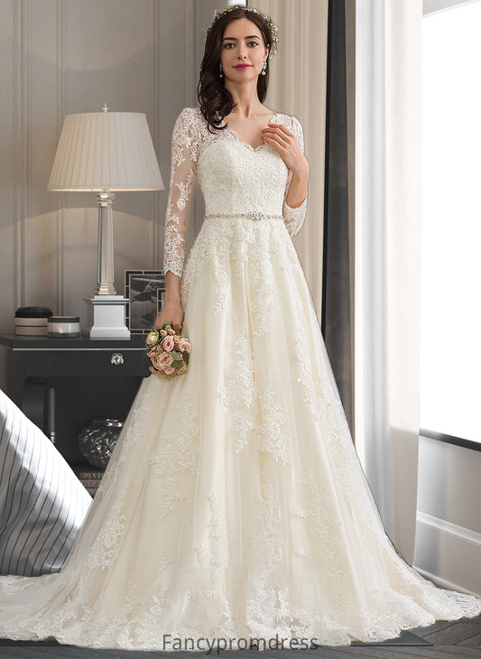 Sariah Ball-Gown/Princess V-neck Chapel Train Tulle Wedding Dress With Beading Sequins DRP0013695