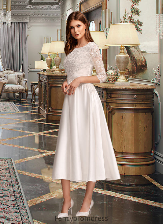 Adison A-Line Scoop Neck Tea-Length Wedding Dress With Pockets DRP0013723