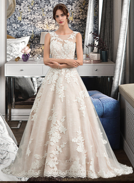 Zoey Ball-Gown/Princess Illusion Court Train Tulle Wedding Dress With Beading Sequins DRP0013724