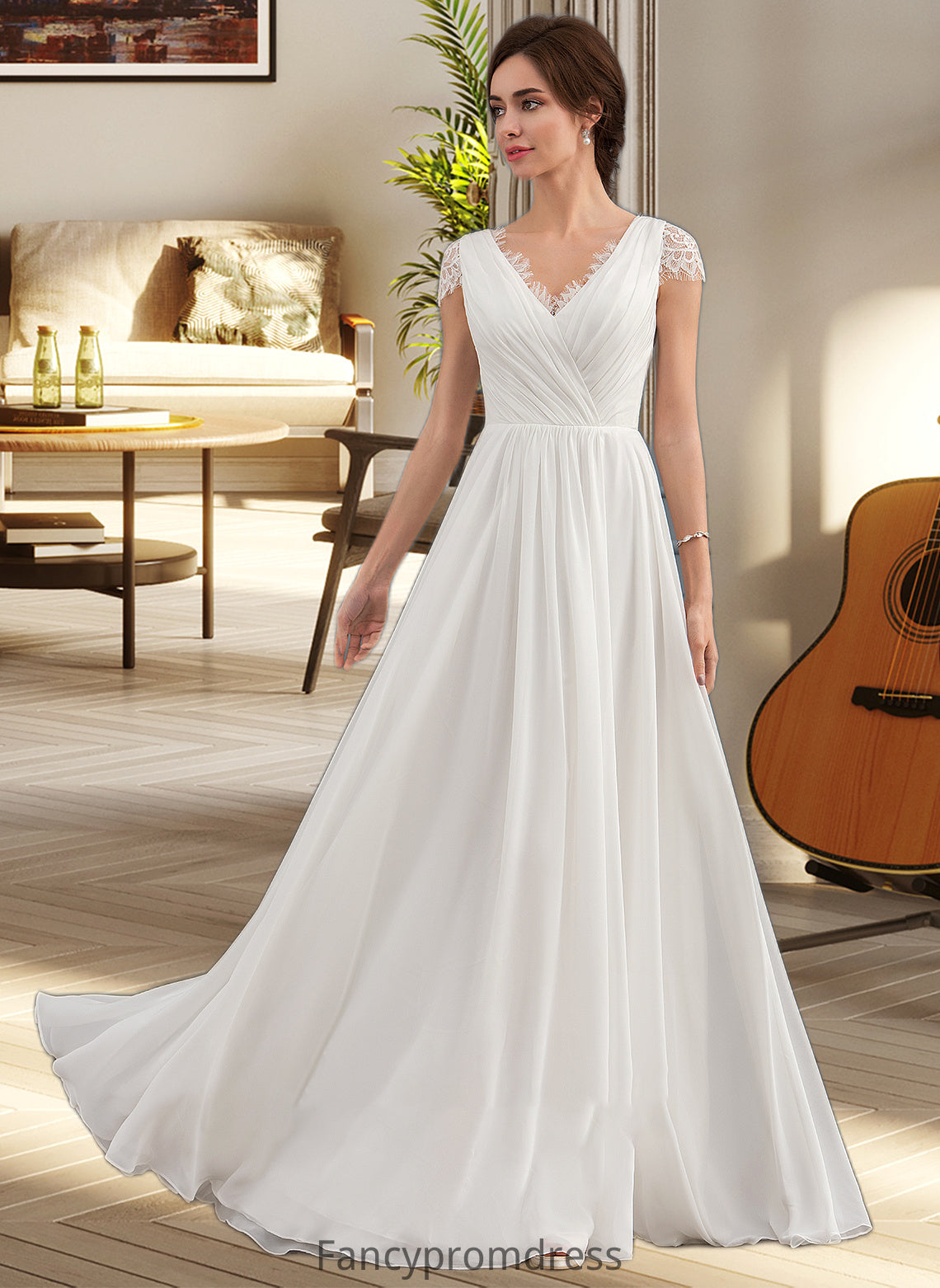 Marissa A-Line V-neck Floor-Length Chiffon Lace Wedding Dress With Ruffle DRP0013729