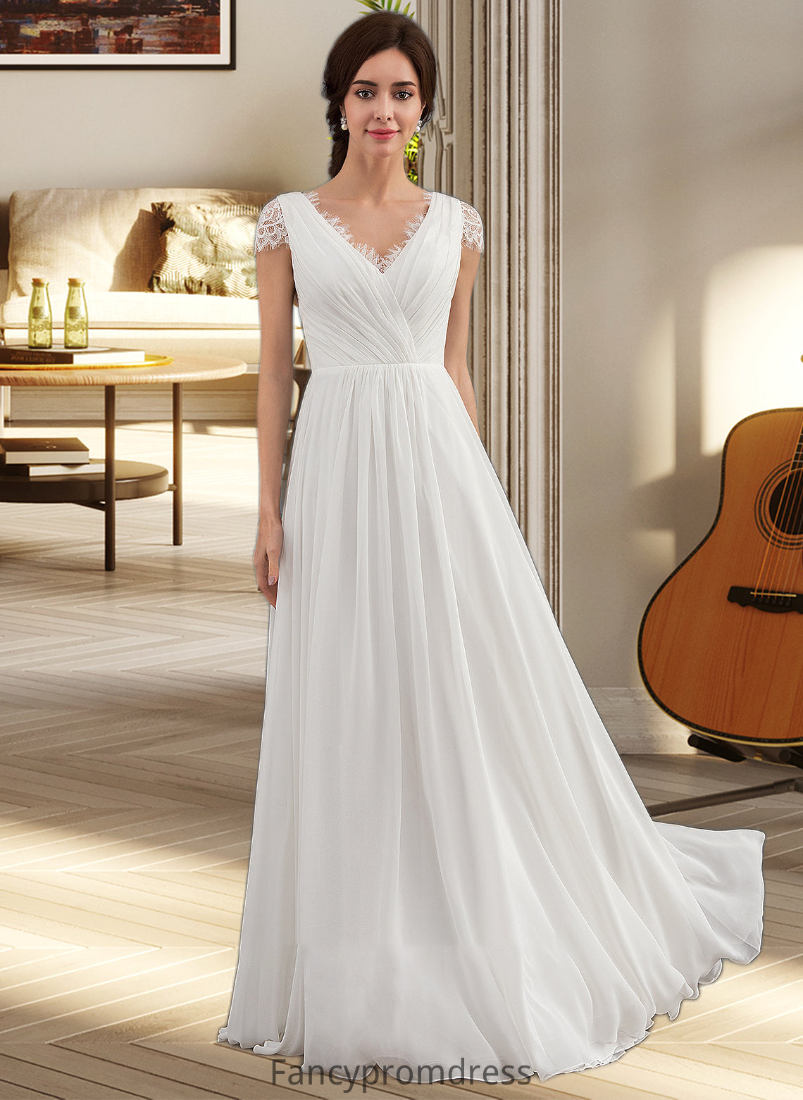 Marissa A-Line V-neck Floor-Length Chiffon Lace Wedding Dress With Ruffle DRP0013729