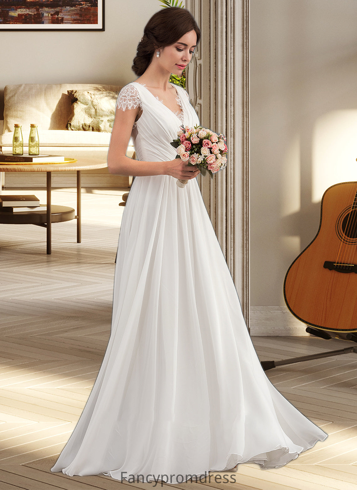 Marissa A-Line V-neck Floor-Length Chiffon Lace Wedding Dress With Ruffle DRP0013729