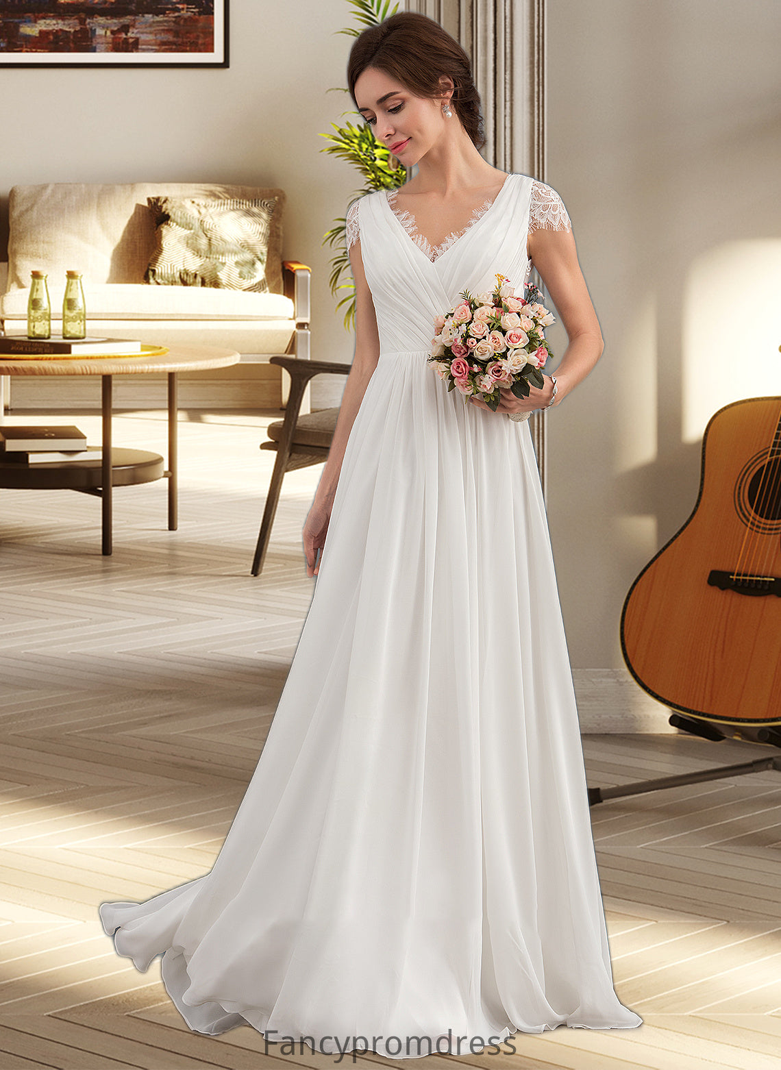 Marissa A-Line V-neck Floor-Length Chiffon Lace Wedding Dress With Ruffle DRP0013729