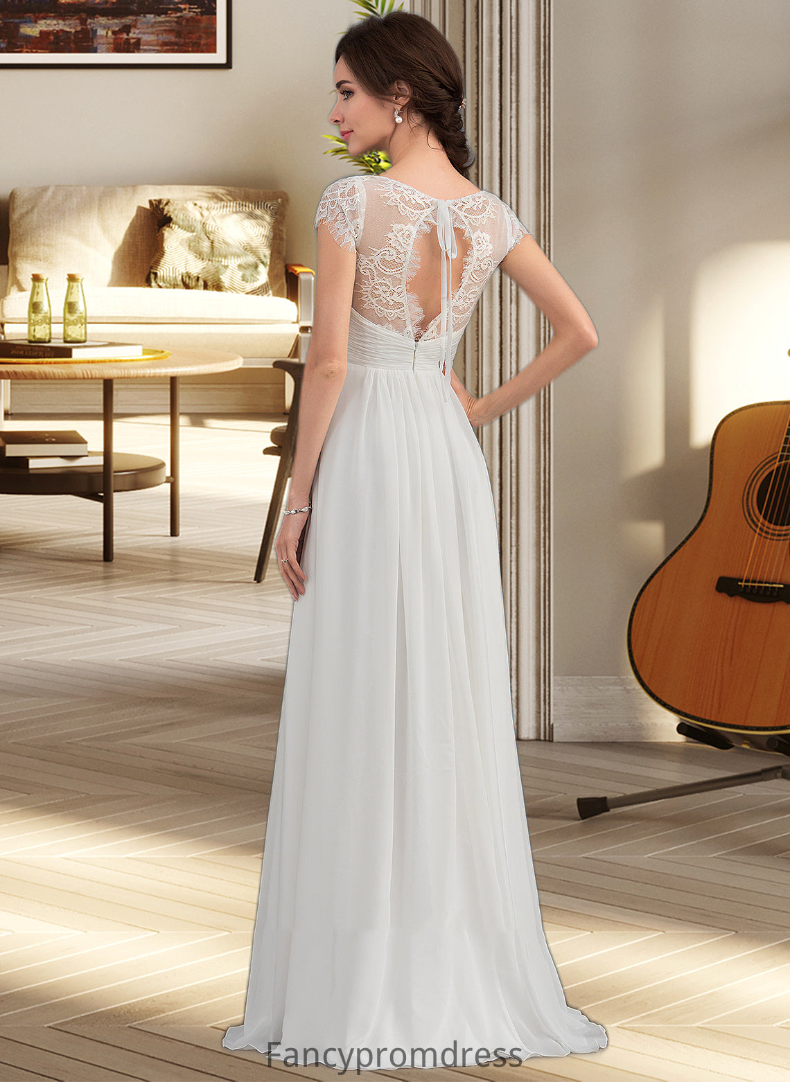 Marissa A-Line V-neck Floor-Length Chiffon Lace Wedding Dress With Ruffle DRP0013729