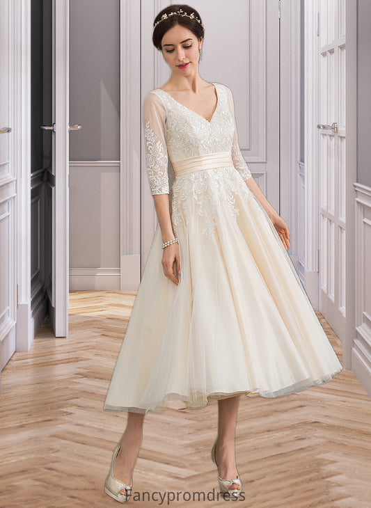 Skyla Ball-Gown/Princess V-neck Tea-Length Tulle Wedding Dress DRP0013731