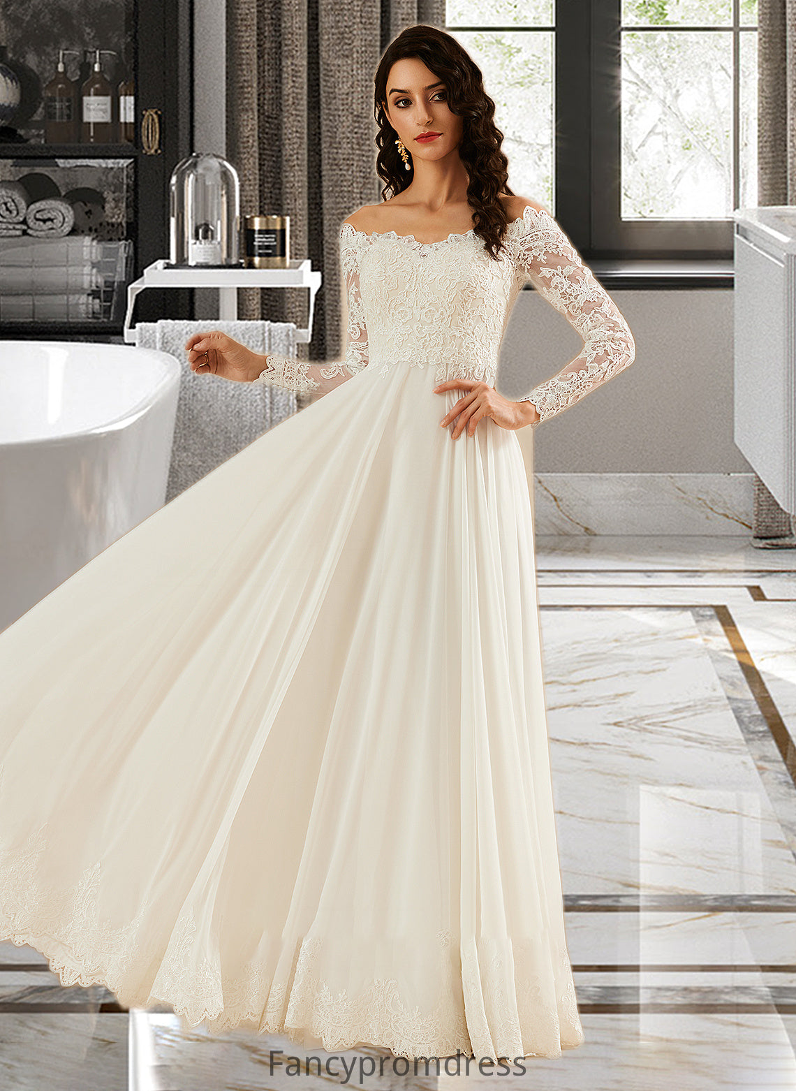 Jazlene A-Line Off-the-Shoulder Sweep Train Wedding Dress With Lace DRP0013734