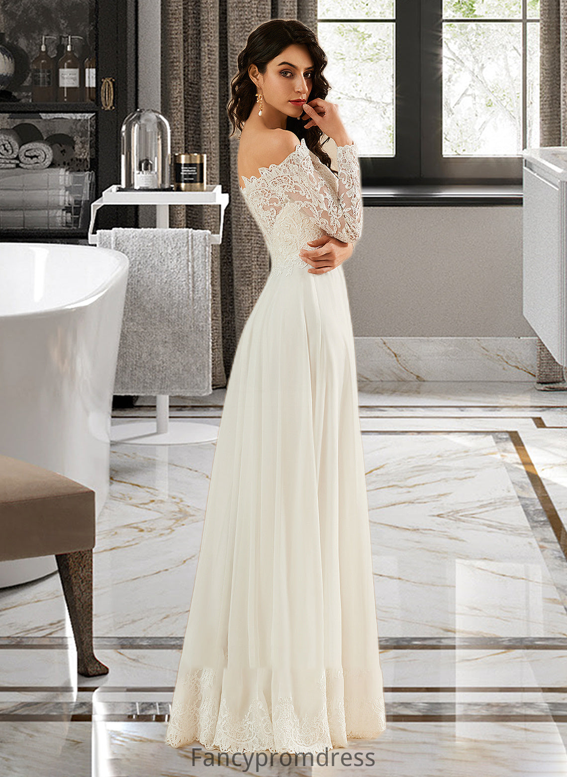 Jazlene A-Line Off-the-Shoulder Sweep Train Wedding Dress With Lace DRP0013734