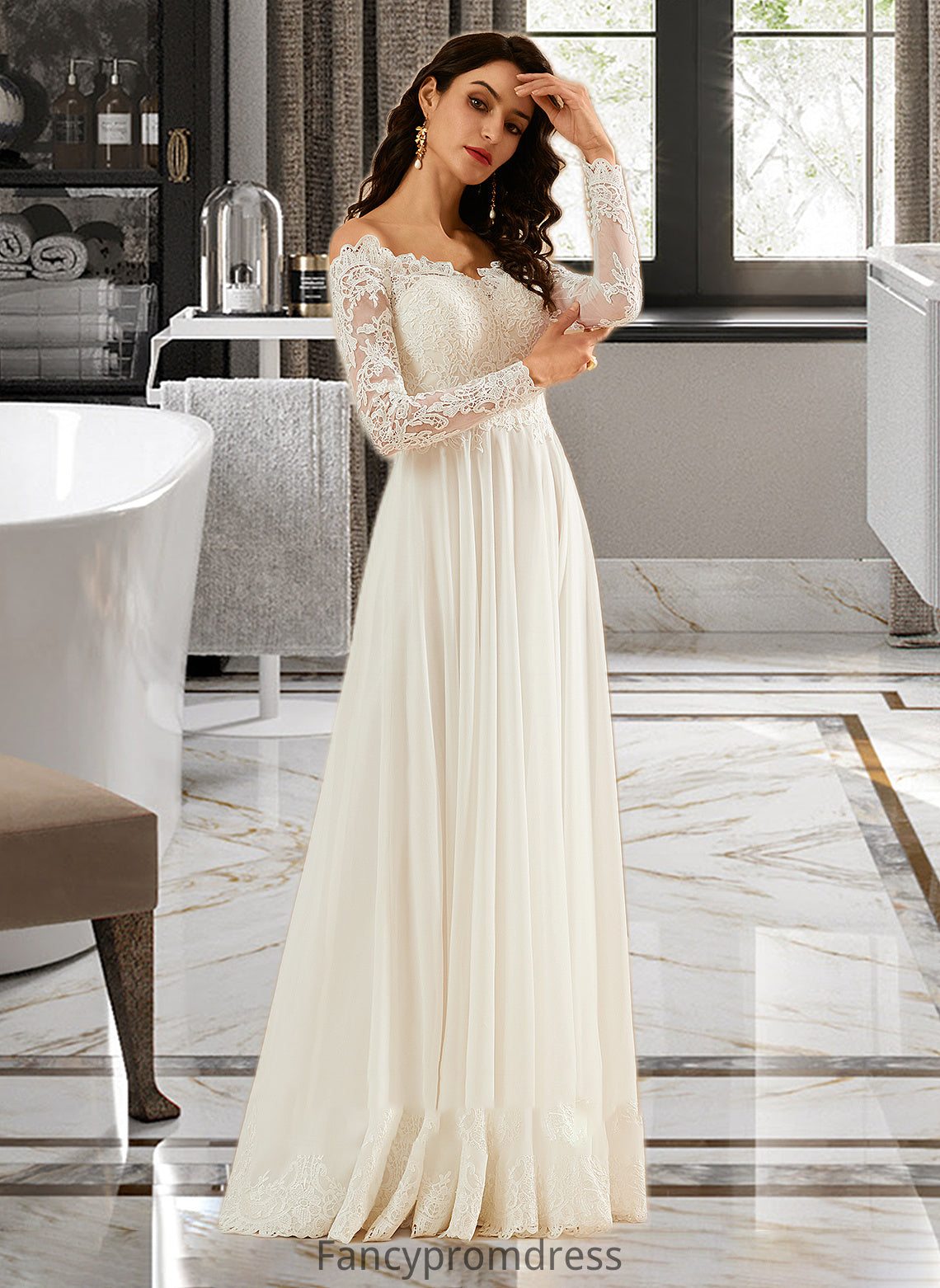 Jazlene A-Line Off-the-Shoulder Sweep Train Wedding Dress With Lace DRP0013734