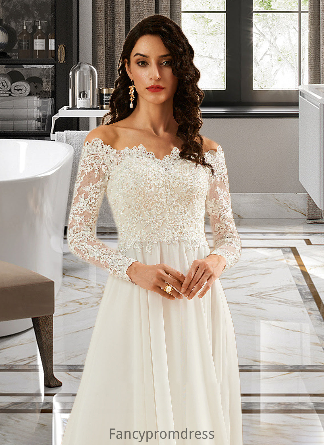 Jazlene A-Line Off-the-Shoulder Sweep Train Wedding Dress With Lace DRP0013734