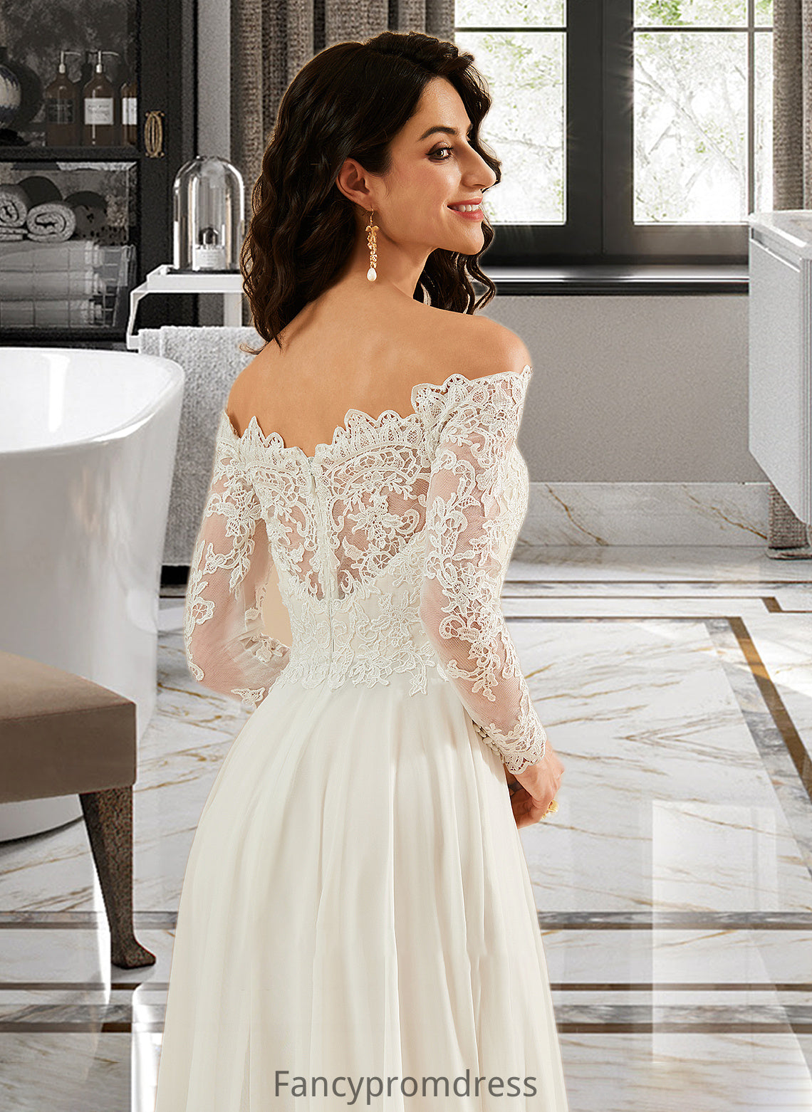 Jazlene A-Line Off-the-Shoulder Sweep Train Wedding Dress With Lace DRP0013734