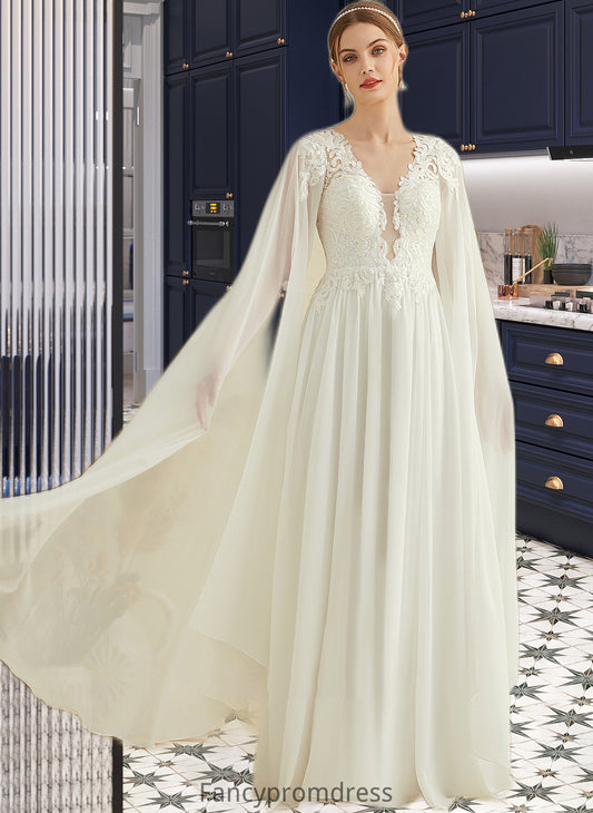 Susan A-Line V-neck Floor-Length Chiffon Lace Wedding Dress With Sequins DRP0013736